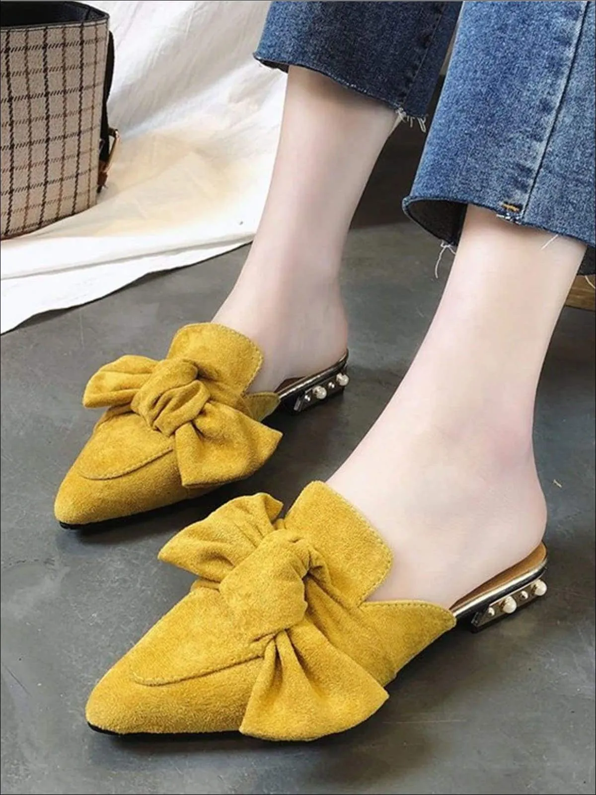 Women's Pearl Embellished Heel Bowtie Pointed Toe Mules By Liv and Mia