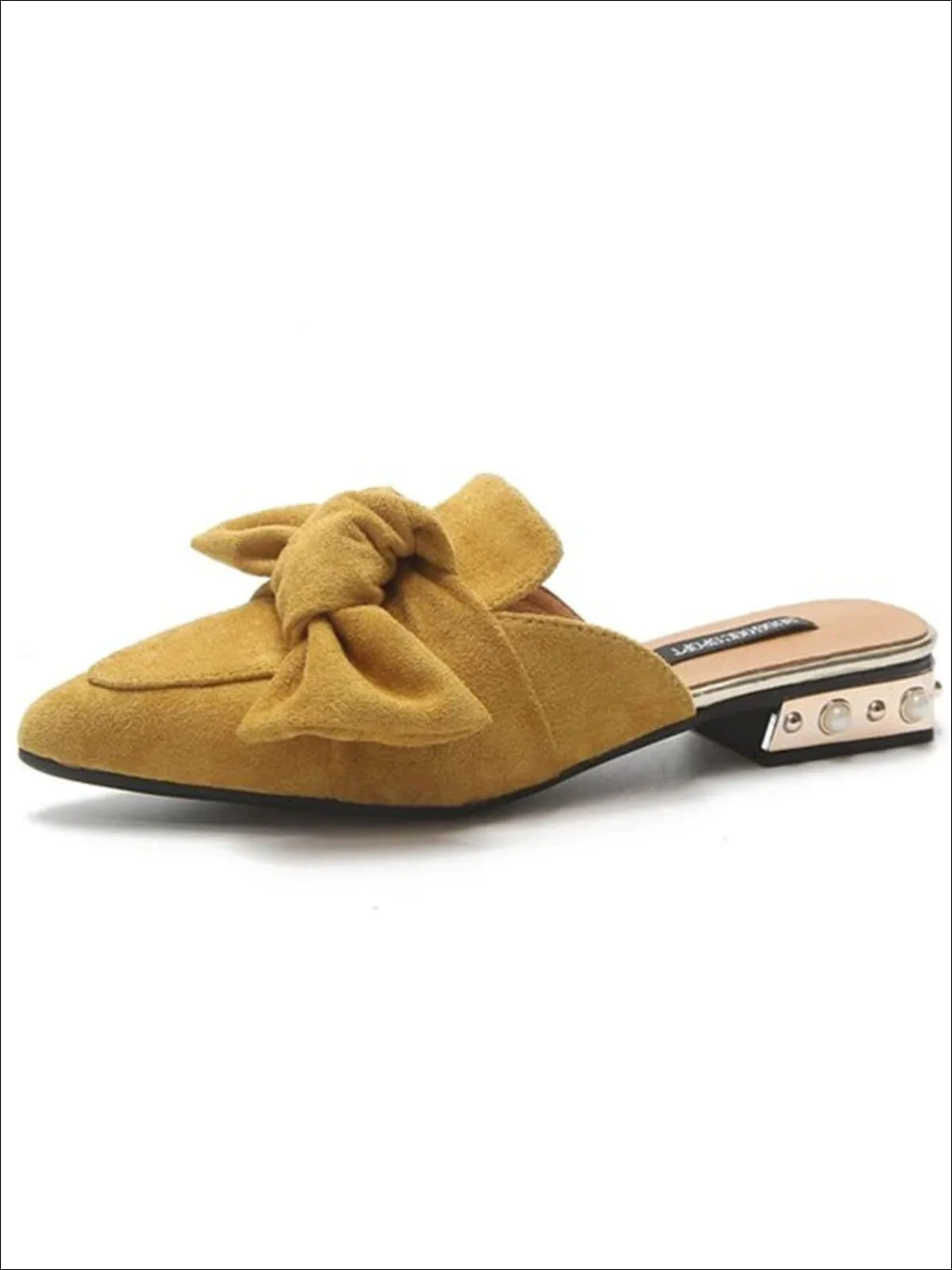 Women's Pearl Embellished Heel Bowtie Pointed Toe Mules By Liv and Mia