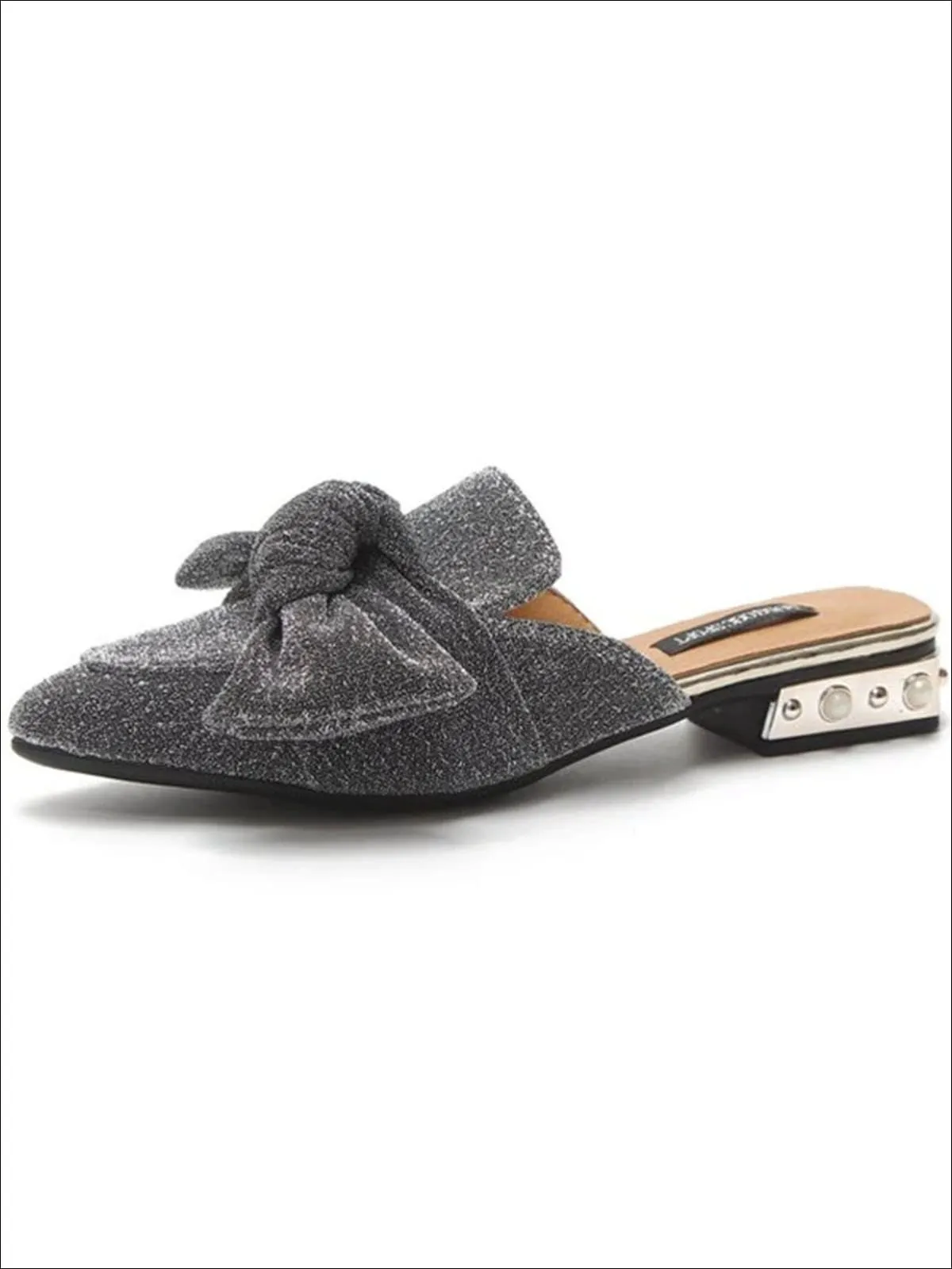 Women's Pearl Embellished Heel Bowtie Pointed Toe Mules By Liv and Mia
