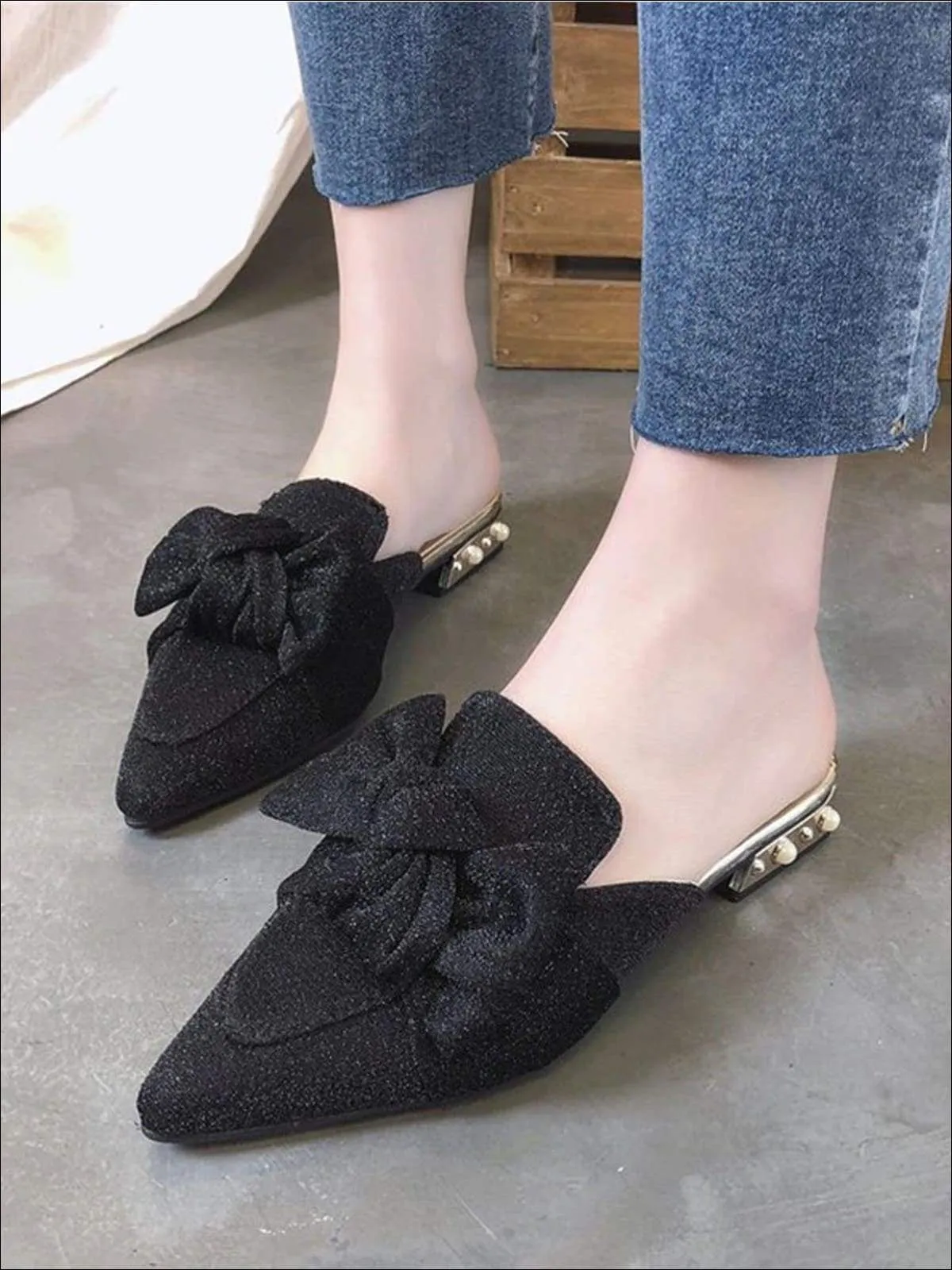 Women's Pearl Embellished Heel Bowtie Pointed Toe Mules By Liv and Mia