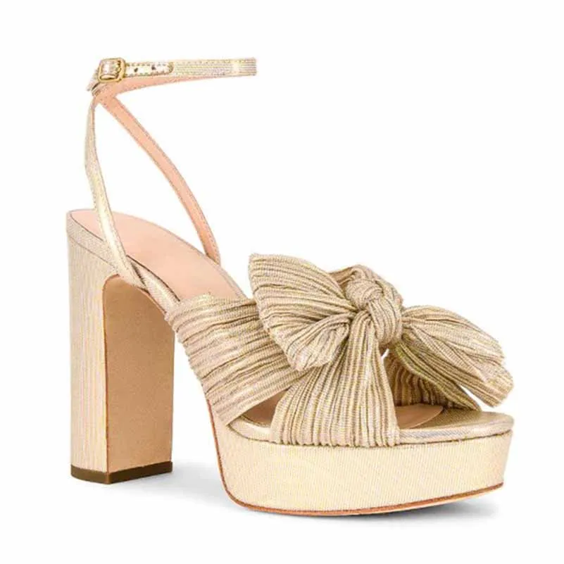 Women's Pleated Bow Knot Platform Heeled Sandals Open Toe Chunky Block Heel Ankle Buckle Strap Bridal Wedding Shoes