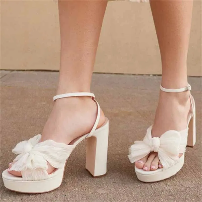Women's Pleated Bow Knot Platform Heeled Sandals Open Toe Chunky Block Heel Ankle Buckle Strap Bridal Wedding Shoes