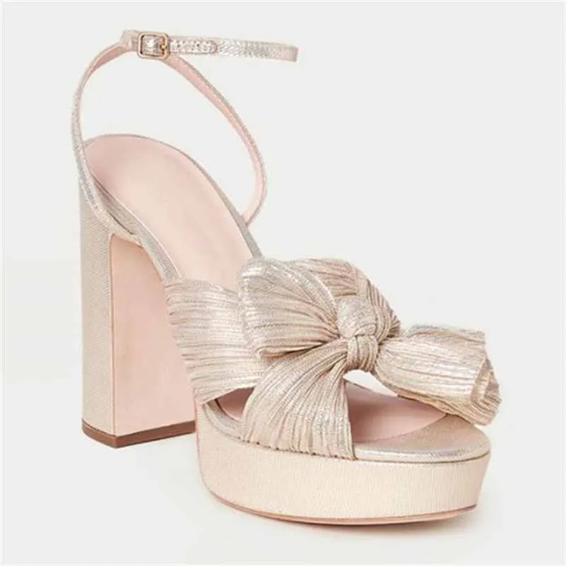 Women's Pleated Bow Knot Platform Heeled Sandals Open Toe Chunky Block Heel Ankle Buckle Strap Bridal Wedding Shoes