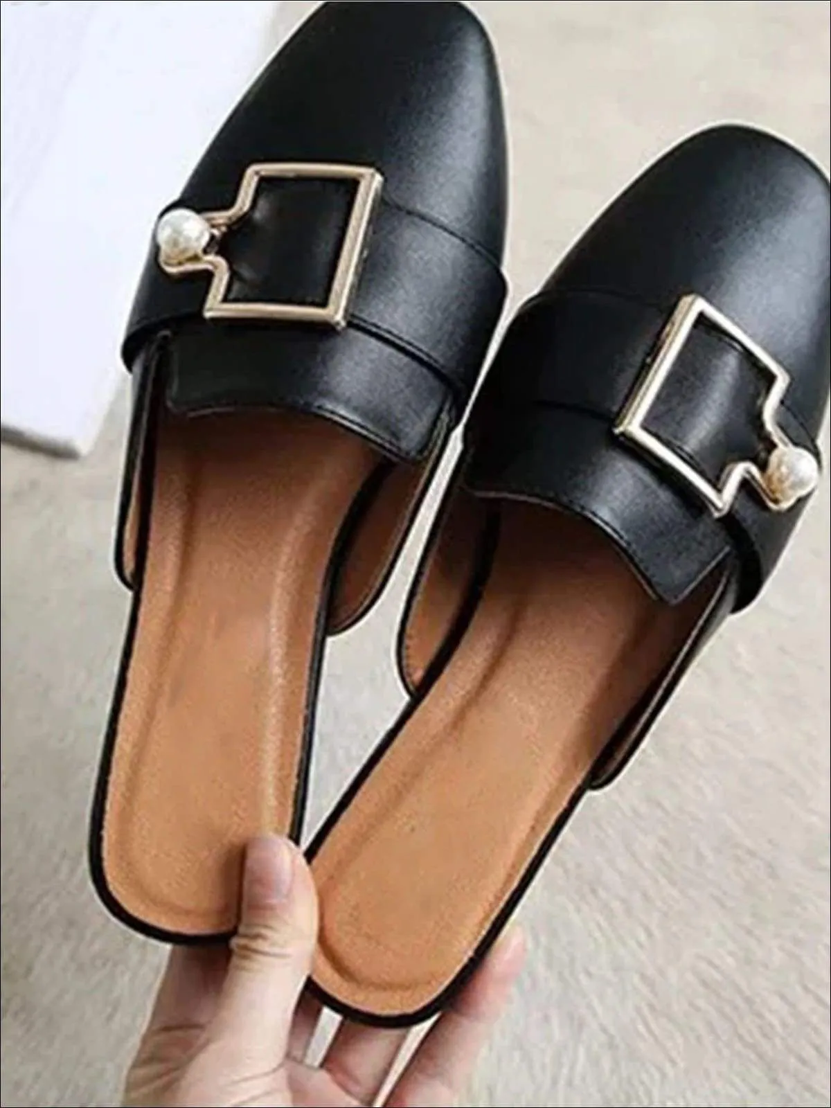 Women's Round Toe Metal Pearl Embellished Mules By Liv and Mia