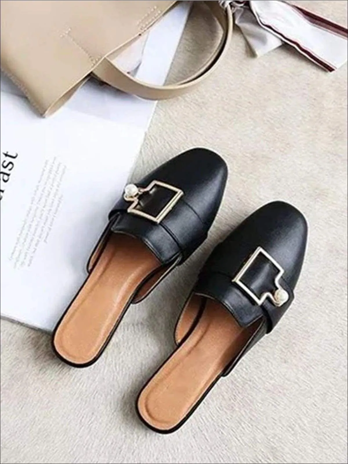 Women's Round Toe Metal Pearl Embellished Mules By Liv and Mia