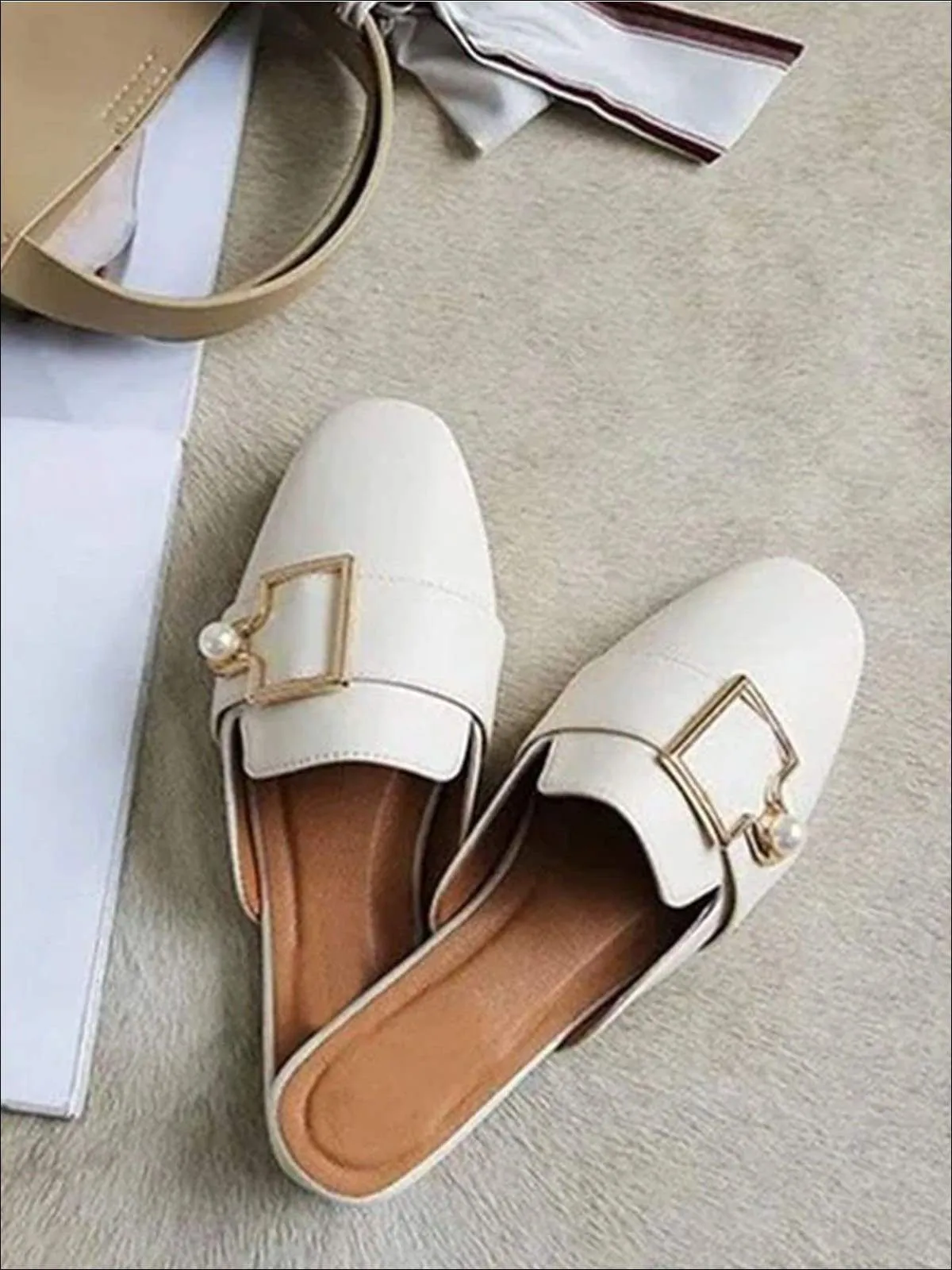 Women's Round Toe Metal Pearl Embellished Mules By Liv and Mia