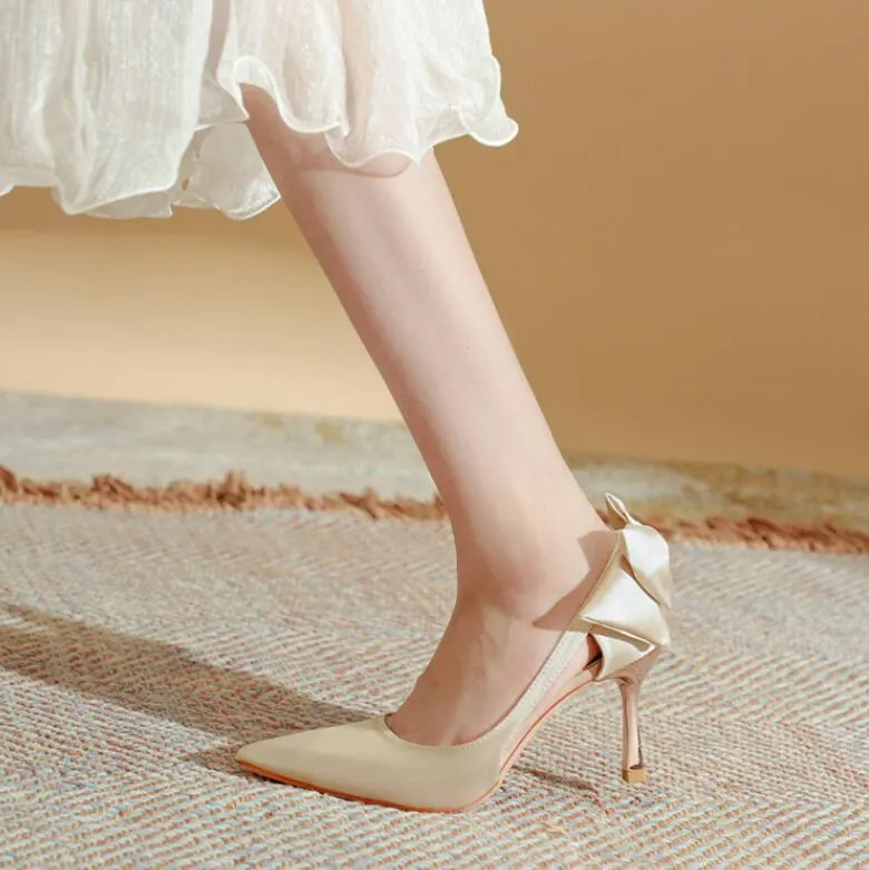 Women's Small Size Satin Heels With Bow Tie TS92