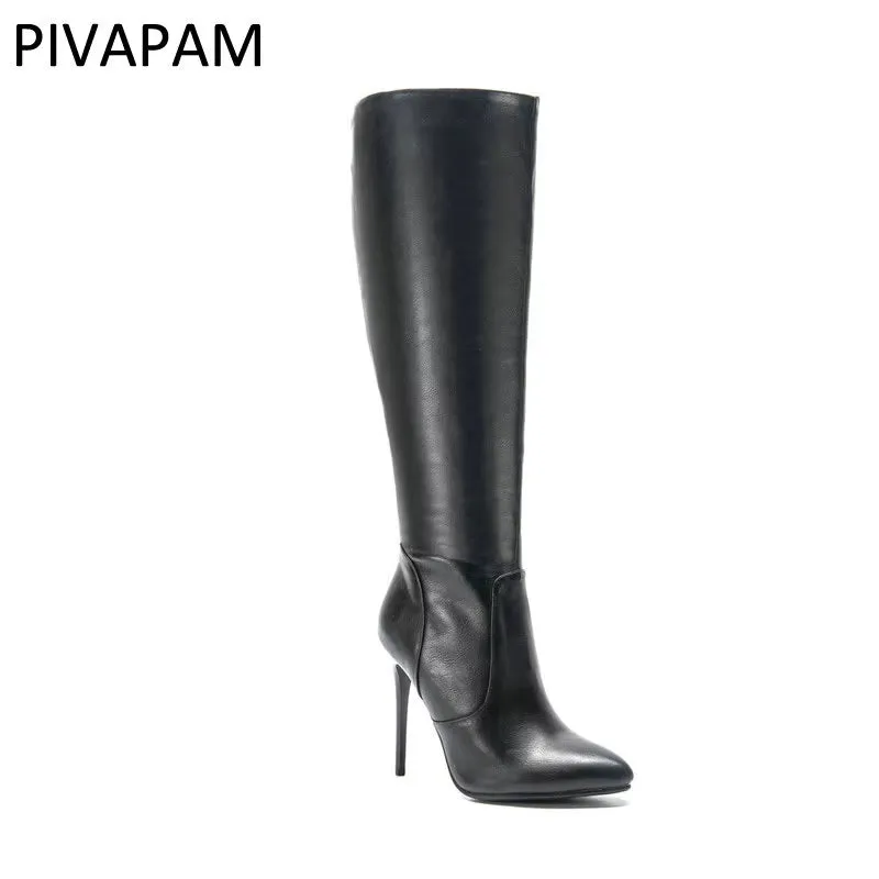 Womens Winter Boots Stiletto High Heels Pointed Toe Thigh High Boots Black Brown Knee High Shoes Fashion Autumn Winter Shoes