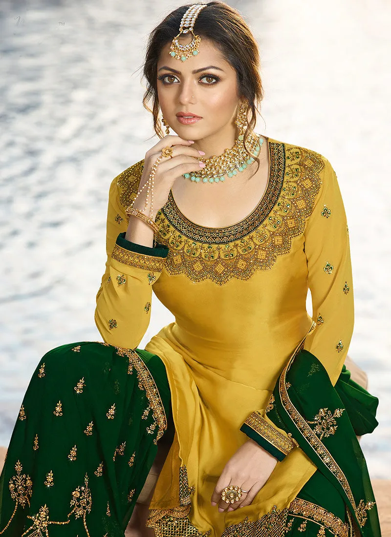 Yellow And Green Embroidered Pakistani Gharara Suit