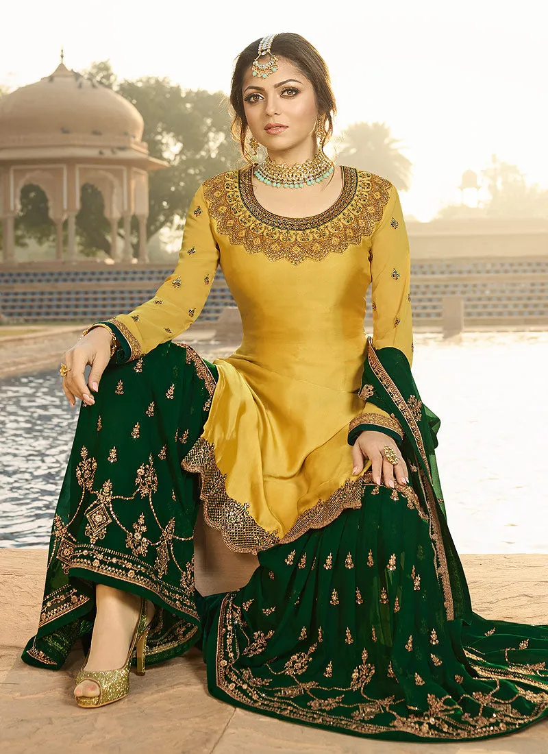 Yellow And Green Embroidered Pakistani Gharara Suit