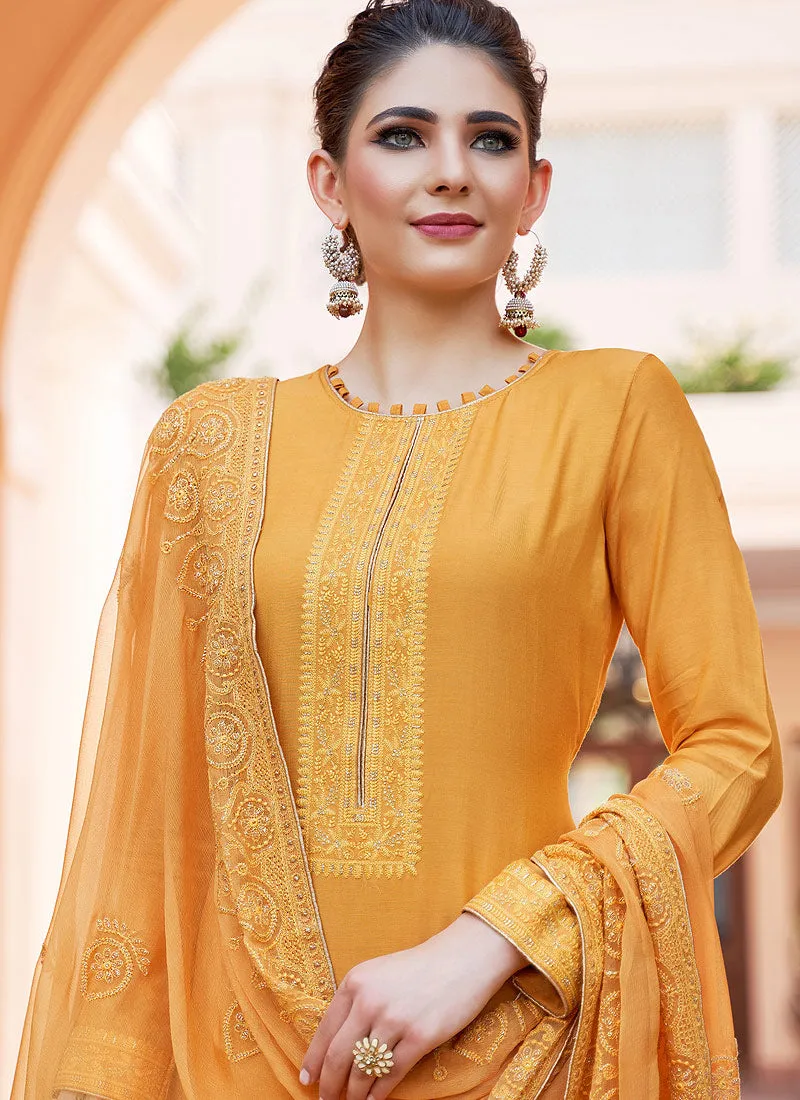 Yellow Kashmiri Embroidered Designer Palazzo Suit