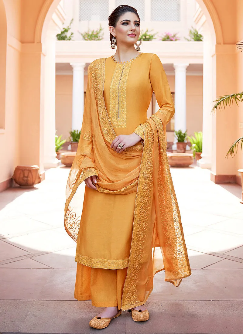 Yellow Kashmiri Embroidered Designer Palazzo Suit