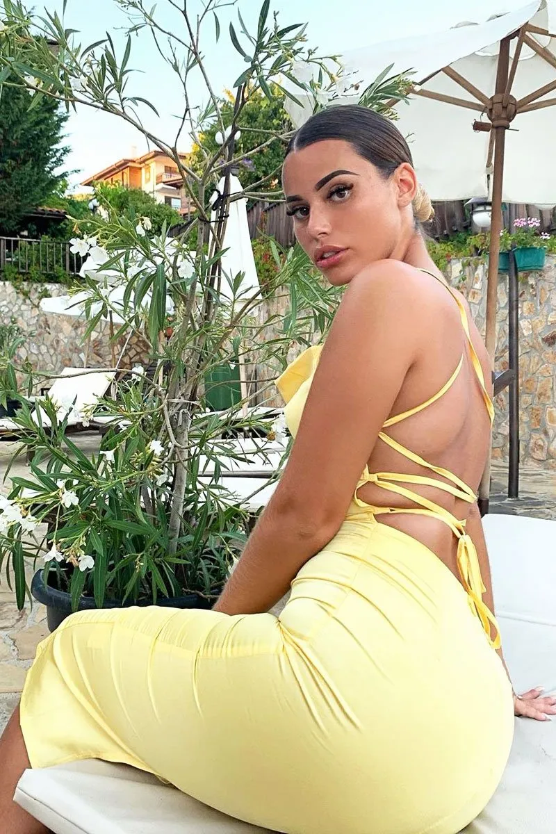 Yellow Satin Cowl Neck Midi Bodycon Dress - Liliana