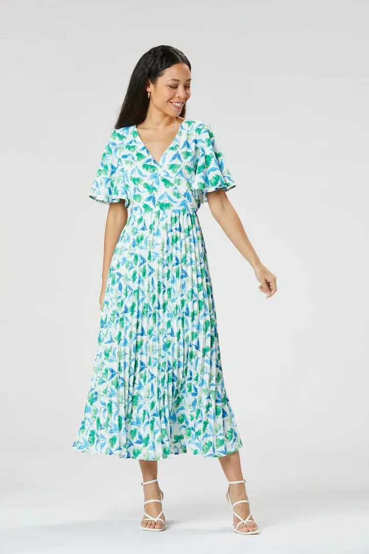 Zibi London Malika Blue Green Floral Pleated Dress
