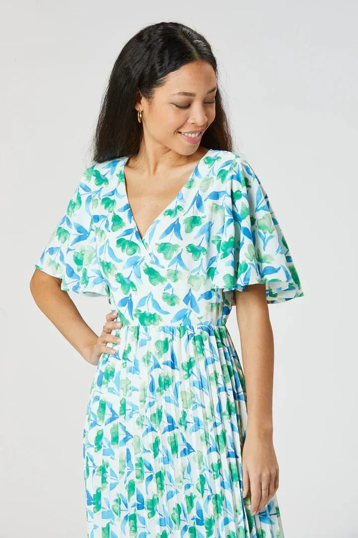 Zibi London Malika Blue Green Floral Pleated Dress